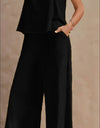 Vibrant Solid Color Casual Pants Set - V Neck Sleeveless Tank Top, Wide Leg Pants With Pocket, Polyester Fabric, Machine Washable - Perfect For Summer, All Season Wear