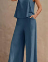 Vibrant Solid Color Casual Pants Set - V Neck Sleeveless Tank Top, Wide Leg Pants With Pocket, Polyester Fabric, Machine Washable - Perfect For Summer, All Season Wear