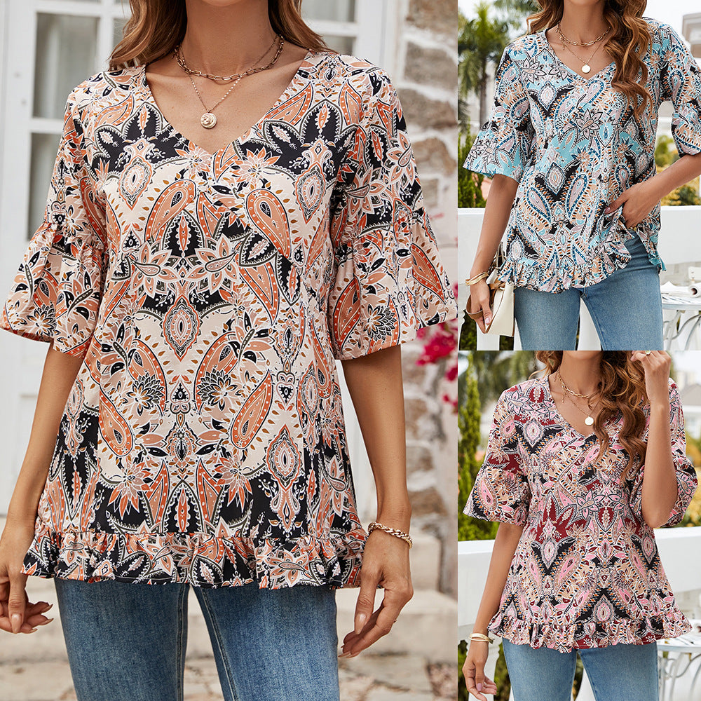 V-neck Printed T-shirt Casual Bell Sleeve Top