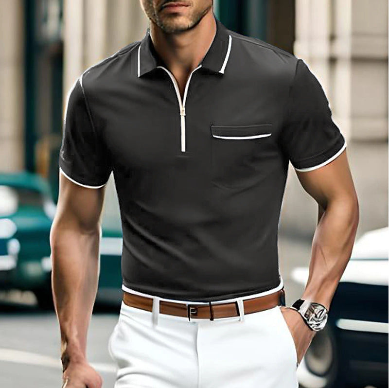 Summer New Men's Zipper Loose Casual Pocket Men's Sports Polo Shirt