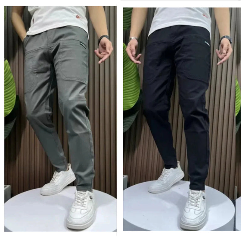 Men's Ice Silk Stitching Six-pocket Embroidery High Elastic Casual Pants