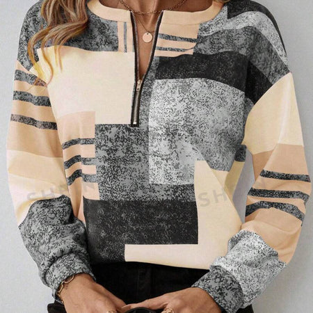 Round Neck Half Zipper Casual Style Polo Shirt Irregular Geometric Top