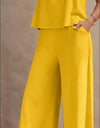 Vibrant Solid Color Casual Pants Set - V Neck Sleeveless Tank Top, Wide Leg Pants With Pocket, Polyester Fabric, Machine Washable - Perfect For Summer, All Season Wear