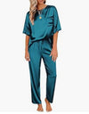 Women's Satin Silky Pajamas Short-sleeved Shirt Long Pajama Pants Suit